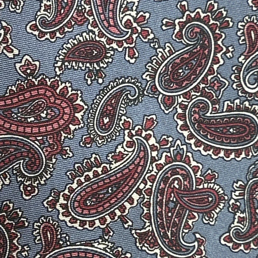 All Silk Milano Hand Made Paisley Print Necktie Blue-Gray Burgundy 55